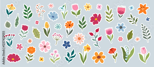 Set of flower stickers on a blue background