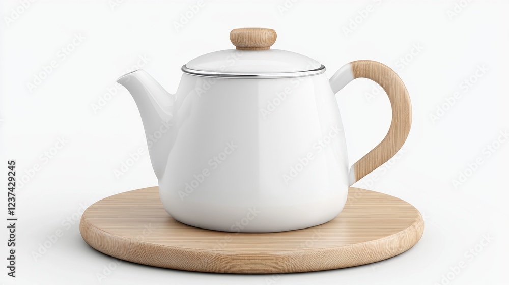Minimalist white teapot with wooden handle Minimalist white teapot with wooden handle