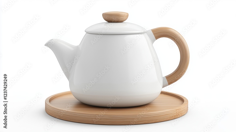 Minimalist white teapot with wooden handle Minimalist white teapot with wooden handle