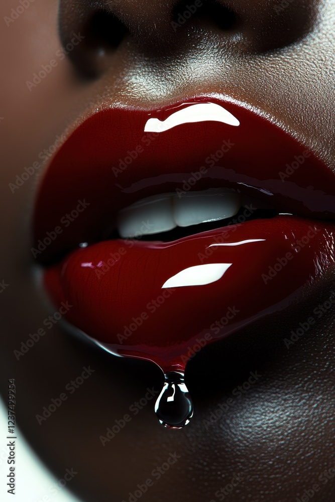 Close-up of glossy red lips with dripping liquid Close-up of glossy red lips with dripping liquid
