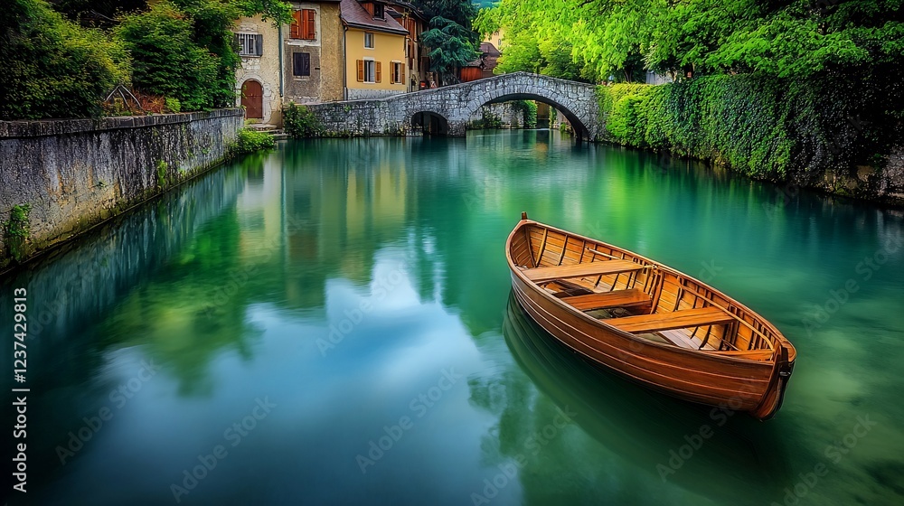Obraz premium Calm river, wooden boat, village reflection, idyllic scene, travel postcard