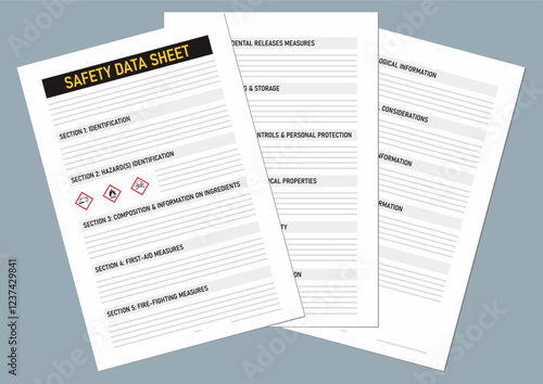 Safety data sheet document with sixteen section based on global harmonization system vector illustration.