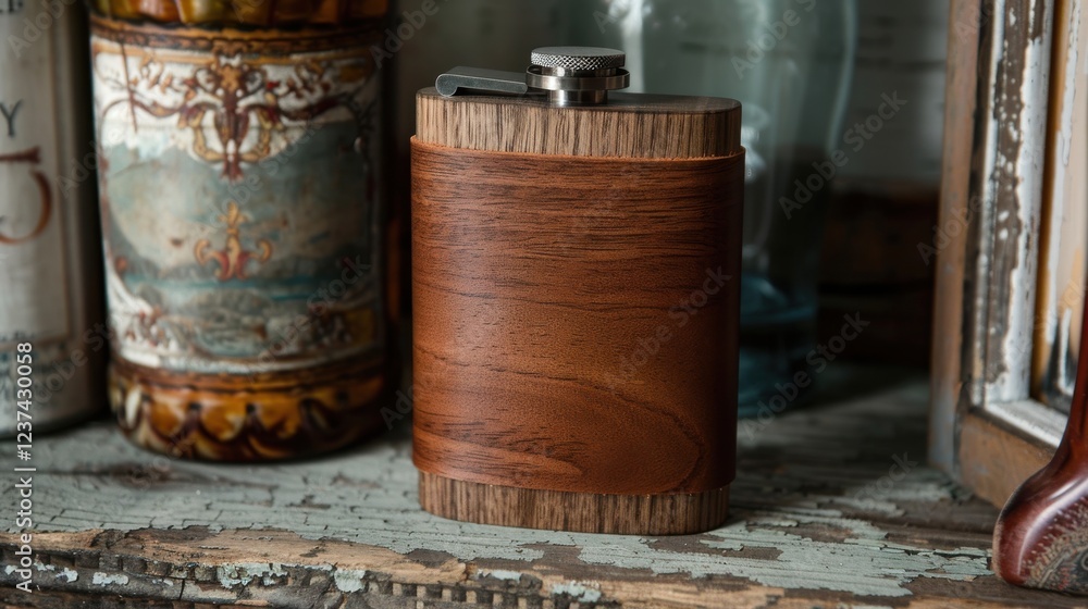 Rustic oak & leather flask. Sleek design meets weathered shelf. Modern meets vintage. A perfect blend of textures. Rustic oak & leather flask. Sleek design meets weathered shelf. Modern meets vintage. A perfect blend of textures.