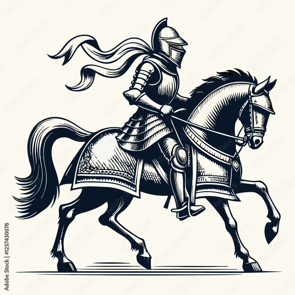 Imposing Knight in Full Armor Riding Horse, Black and White Artwork of a Medieval Knight with Sword and Shield, Galloping Equestrian Knight in Action with Detailed Armor and Horse Imposing Knight in Full Armor Riding Horse, Black and White Artwork of a Medieval Knight with Sword and Shield, Galloping Equestrian Knight in Action with Detailed Armor and Horse