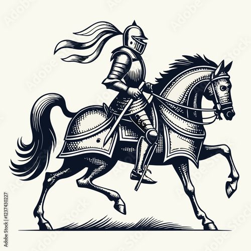 Canvas Print Imposing Knight in Full Armor Riding Horse, Black and White Artwork of a Medieva