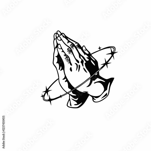 Powerful Illustration of Praying Hands Enclosed by Barbed Wire, Black and White Artwork of Devotion and Struggle, Symbolic Hands with Spiritual Significance and Protective Barbed Wire