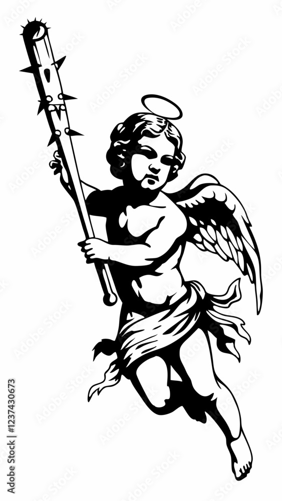 Fototapeta premium Unique Black and White Artwork of an Angel Holding a Spiked Bat, Powerful Cherub with Wings and a Dangerous Weapon, Intricate and Bold Angelic Design with Unusual Symbolism
