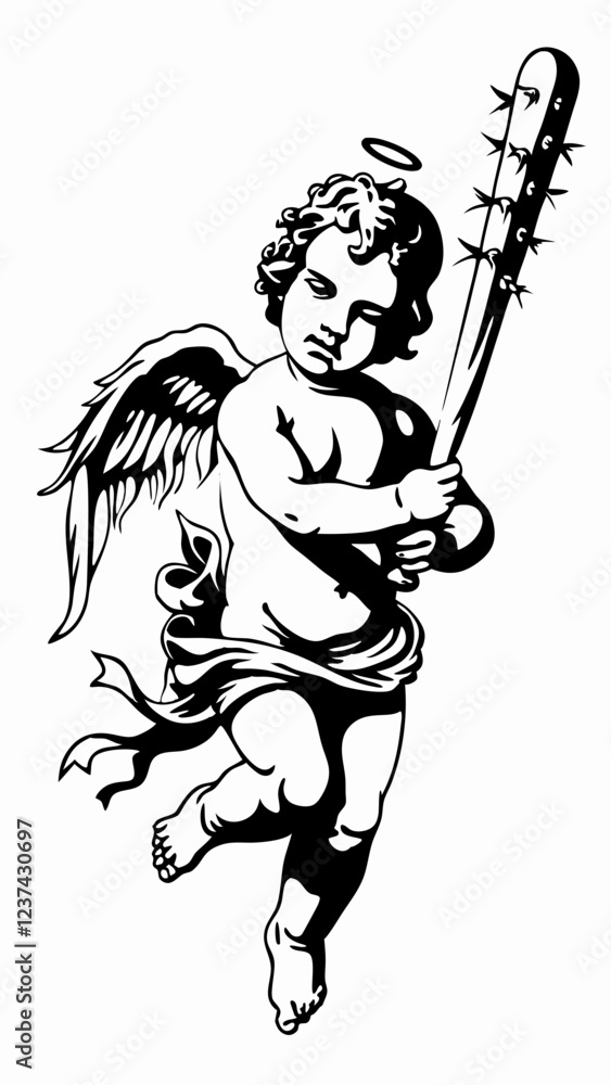 Fototapeta premium Unique Black and White Artwork of an Angel Holding a Spiked Bat, Powerful Cherub with Wings and a Dangerous Weapon, Intricate and Bold Angelic Design with Unusual Symbolism