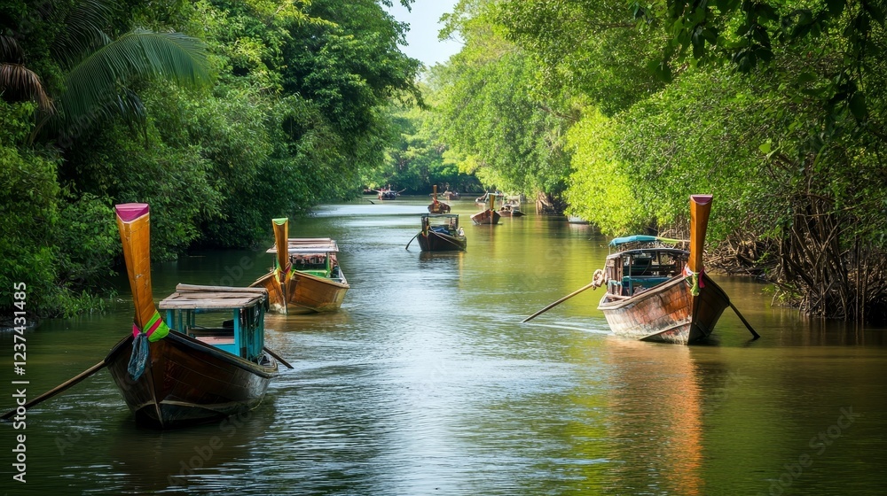 Obraz premium Serene Tropical River with Traditional Longtail Boats in Lush Greenery