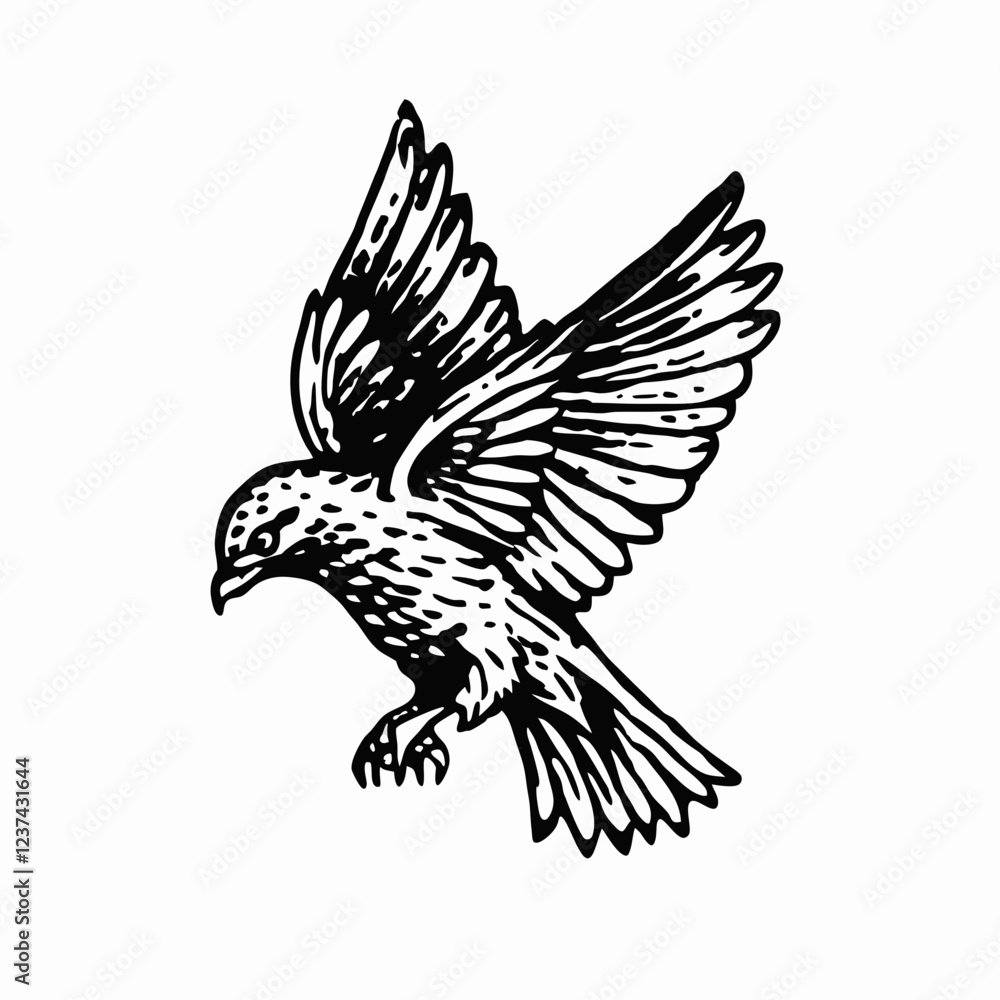 Obraz premium Graceful Bird in Flight, Black and White Illustration of a Bird Spreading Its Wings in Mid-Air, Detailed Artwork of a Flying Bird with Intricate Feather Designs