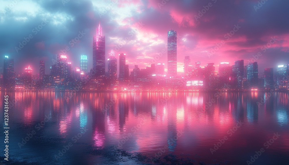 Fototapeta premium Neon cityscape reflected in water at sunset with dramatic sky