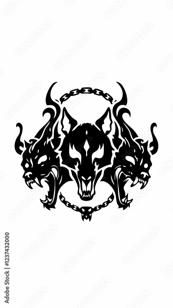 Fototapeta premium Intense Three-Headed Wolf with Chain, Black and White Illustration of a Ferocious Wolf with Three Heads Connected by a Chain, Bold Tribal Design with Sharp Teeth and Snarling Expressions