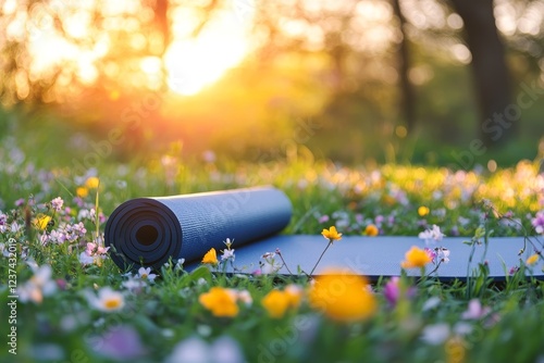 Yoga mat on a meadow filled with early spring flowers, capturing tranquility and fitness, soft natural light highlighting the peaceful outdoor setting, concept of wellness, relaxation, and healthy