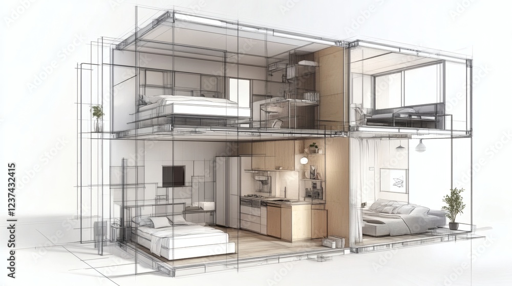 Architectural Sketch of a Modern Two-Story House with Open Plan Design Architectural Sketch of a Modern Two-Story House with Open Plan Design