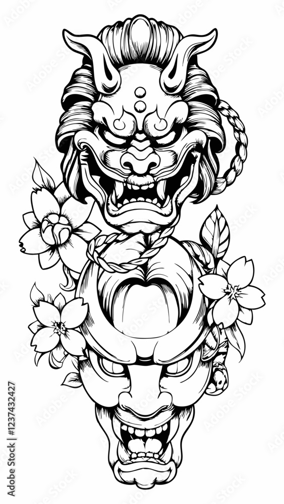 Obraz premium Intricate Japanese Mythical Lion and Oni Mask Artwork, Fearsome Lion with Oni Face and Floral Embellishments, Bold Black and White Design with Traditional Japanese Mask and Animal Motifs