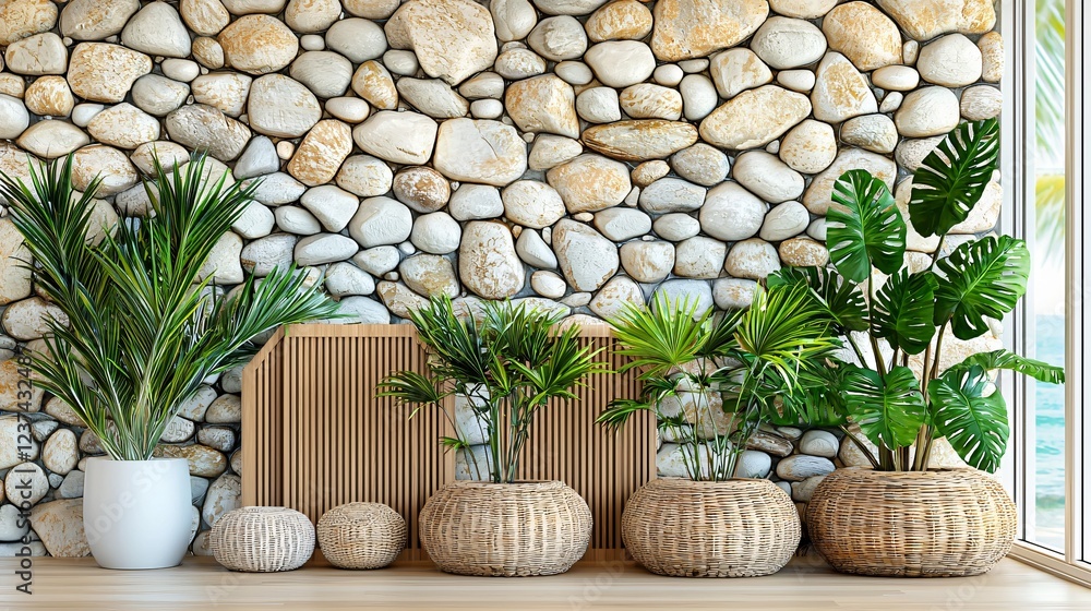 Fototapeta premium Tropical plants, stone wall, room decor, ocean view, home design
