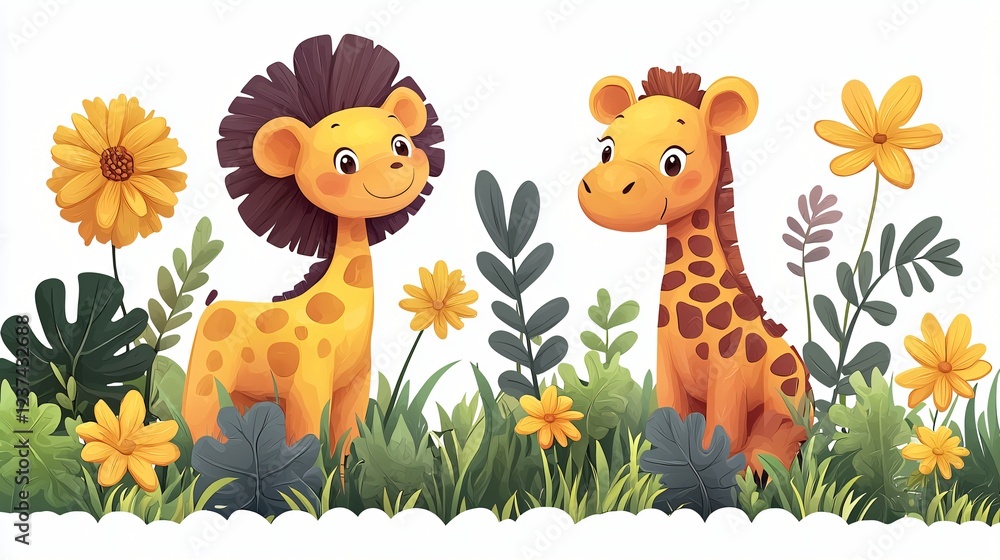 Naklejka premium Two Cute Giraffe Animals in a Garden with Sunflowers and Foliage Whimsical Illustration Style.