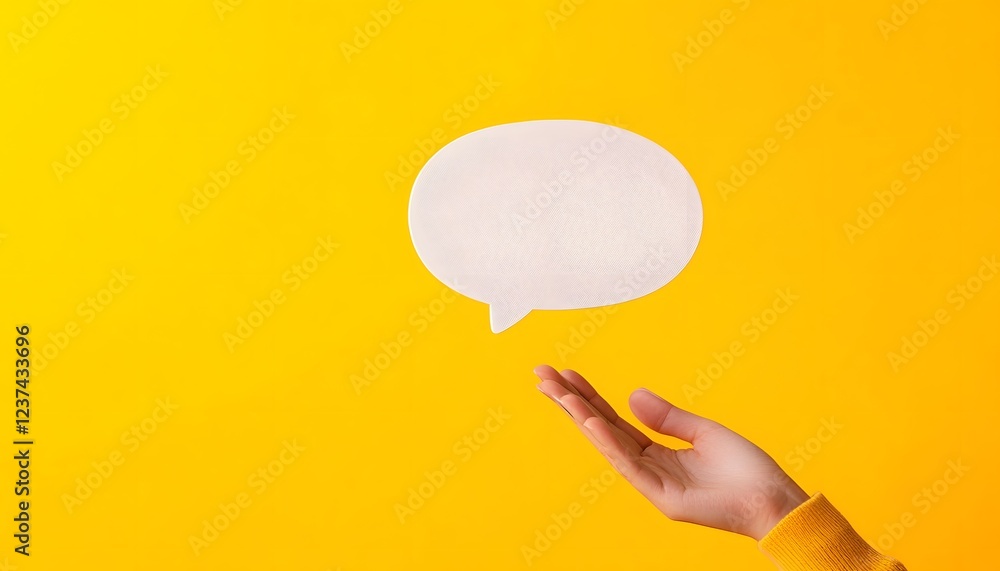 White speech bubble floats above a hand