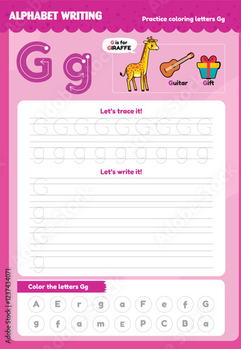 Draw according to uppercase and lowercase letters G g. ABC alphabet coloring exercise. Kindergarten letter drawing exercises for children to learn English with cute cartoon animals. Coloring books for