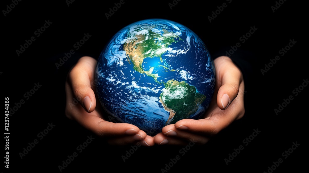 Hands Gently Holding a Detailed Pixelated Earth Globe Against a Black Background Hands Gently Holding a Detailed Pixelated Earth Globe Against a Black Background
