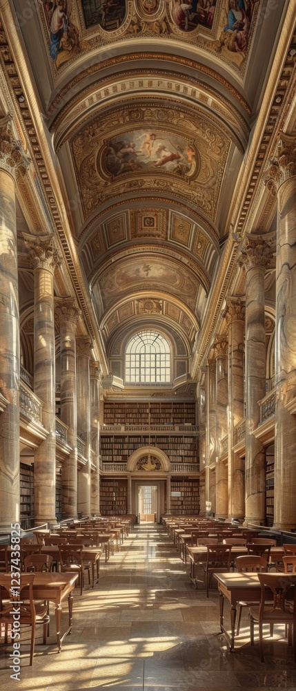 Vast academy library. Towering ionic columns frame Renaissance frescoes on a vaulted ceiling. Sunlight streams through arched windows illuminating rows of wooden study carrels. A serene scholarly Vast academy library. Towering ionic columns frame Renaissance frescoes on a vaulted ceiling. Sunlight streams through arched windows illuminating rows of wooden study carrels. A serene scholarly