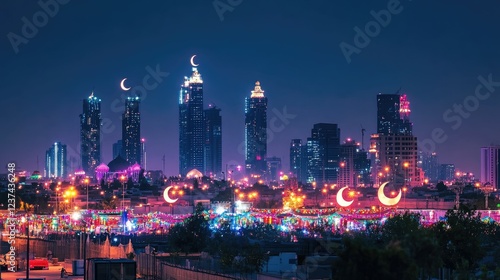 Wallpaper Mural Dubai Skyline at Night with Illuminated Crescents Torontodigital.ca