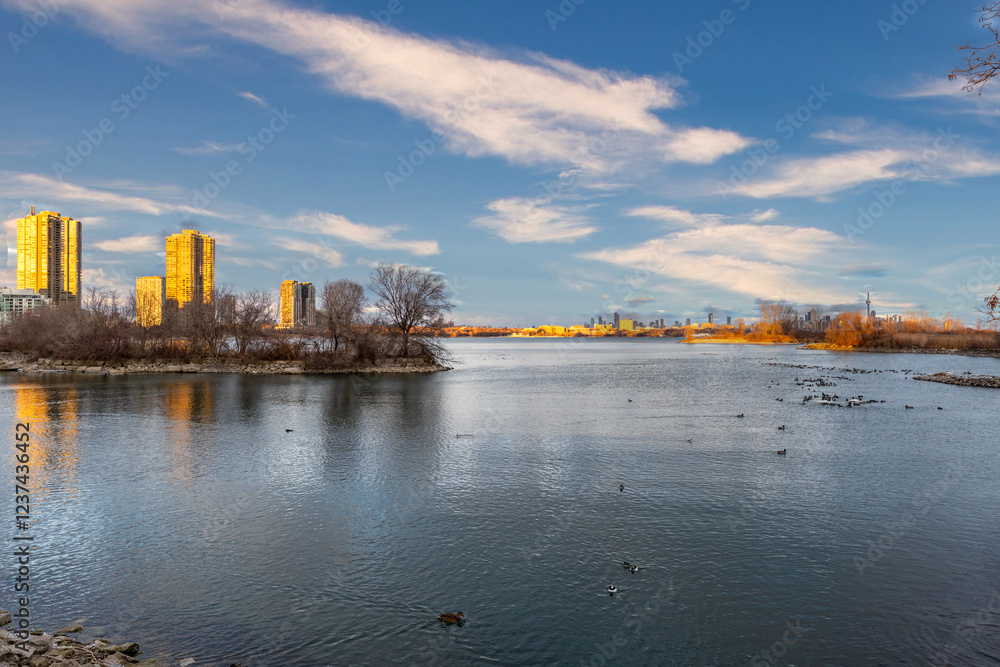 City skyline viewed across a calm lake, with birds and autumnal trees. City skyline viewed across a calm lake, with birds and autumnal trees.