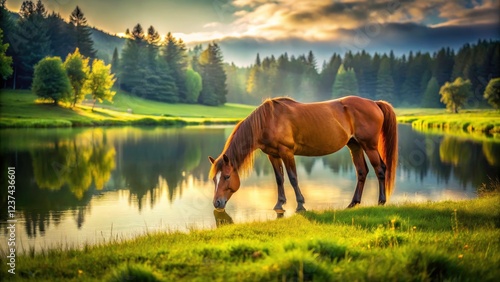 Brown horse peacefully grazes by a tranquil lake, a picturesque nature photograph.