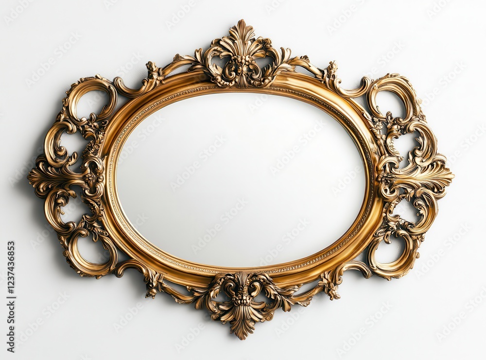 A gold framed oval mirror with a white background A gold framed oval mirror with a white background