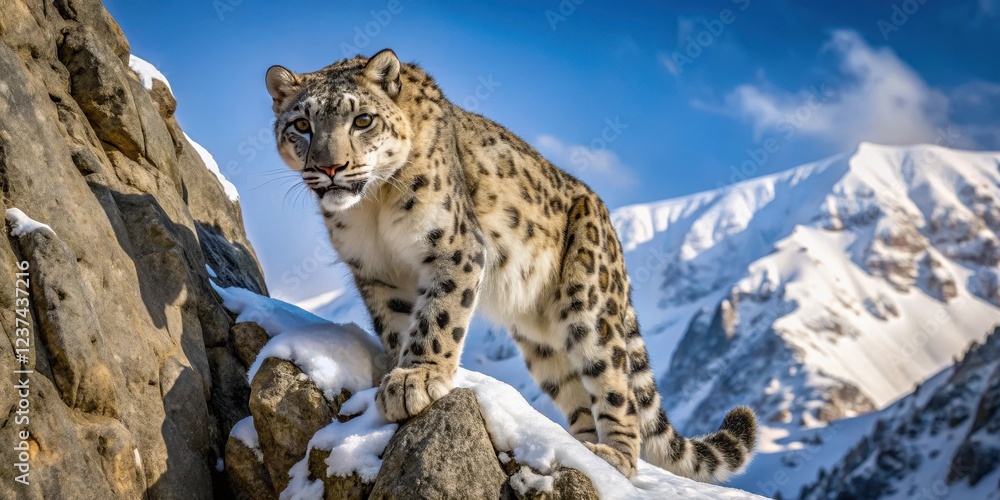 Fototapeta premium Snow Leopard climbing a mountain rock face, snow leopard, leopards, mountain, rocks, nature, animals, wildlife, Asia