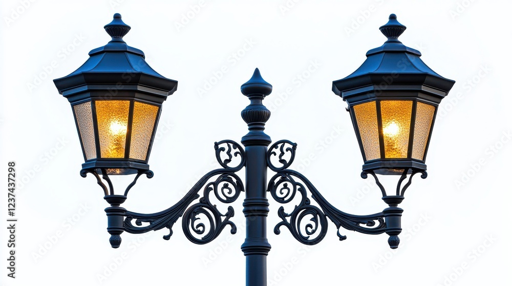 Two street lamps with yellow lights are lit up against a white background