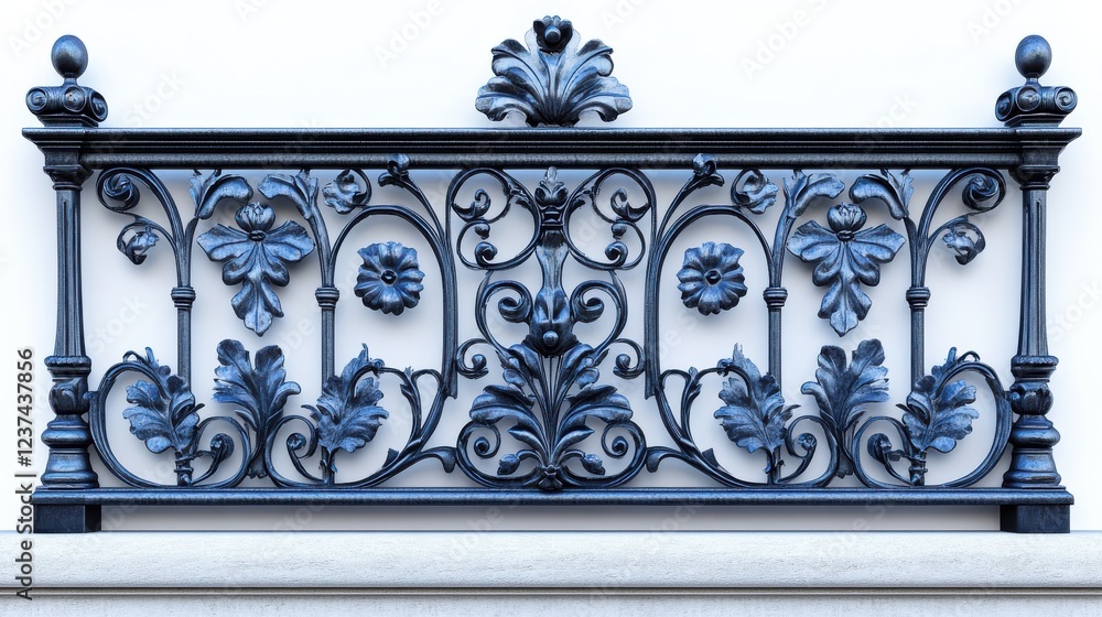 Obraz premium A wrought iron railing with flowers and leaves is shown in a blue hue