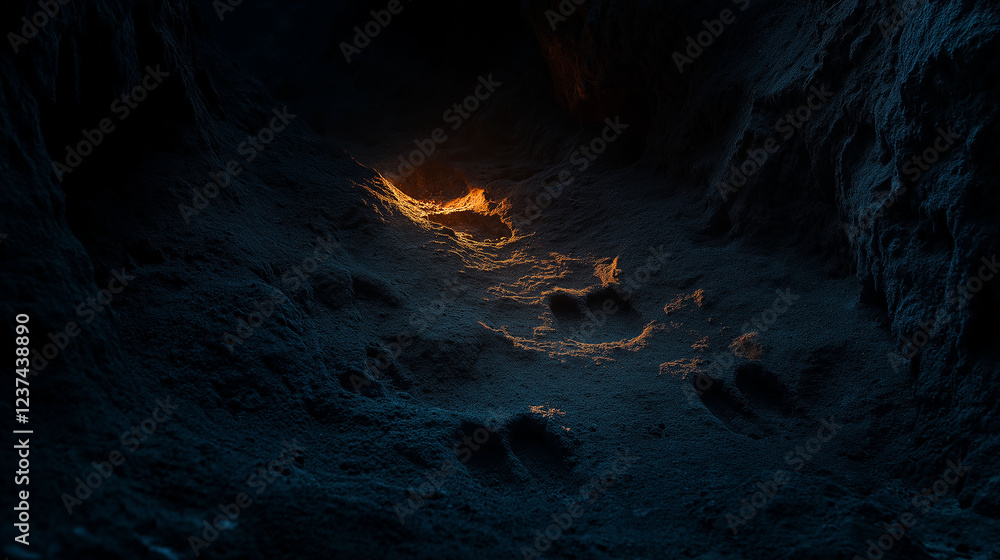 A series of dinosaur footprints leading into a dark cave, illuminated only by a faint glow from deep within, eerie and adventurous A series of dinosaur footprints leading into a dark cave, illuminated only by a faint glow from deep within, eerie and adventurous