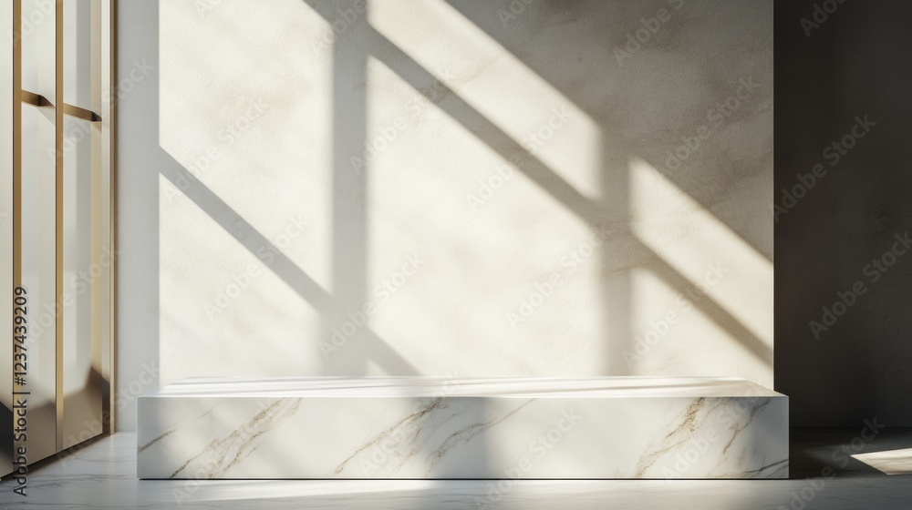 Fototapeta premium minimalist marble display platform in sunlit room