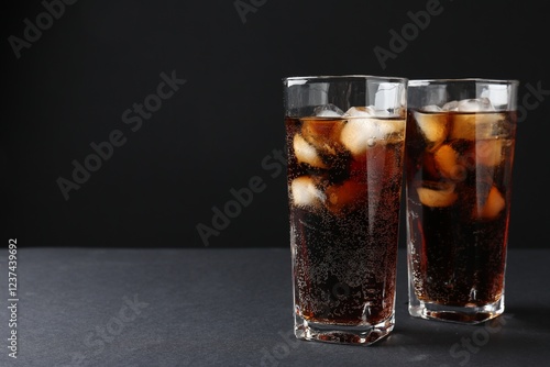 Wallpaper Mural Refreshing cola with ice cubes in glasses on black table, closeup. Space for text Torontodigital.ca