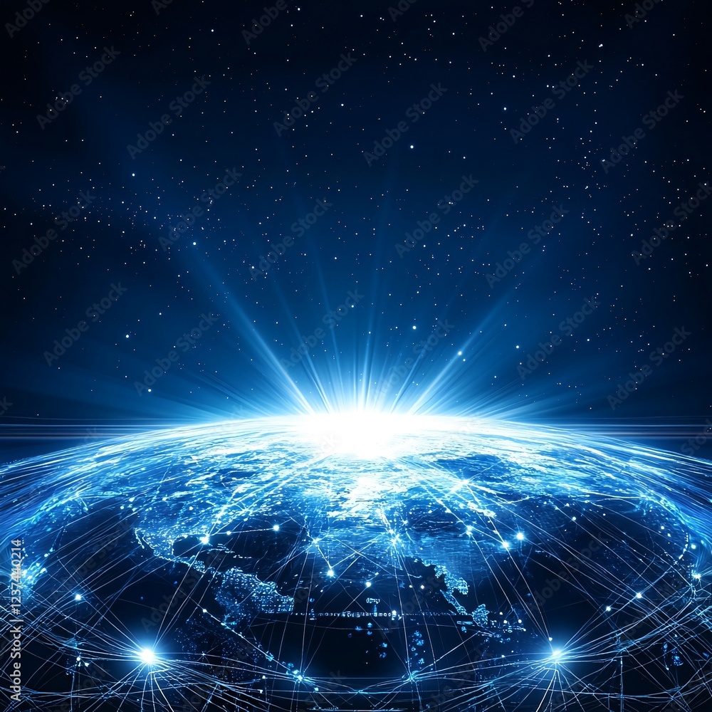 Fototapeta premium Global network connections, earth at night, bright light, space background, technology concept