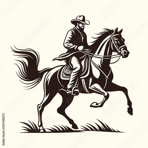 Wallpaper Mural Classic Cowboy Riding Horse, Black and White Illustration of a Western Rider on Galloping Horse, Equestrian Cowboy in Traditional Western Gear, Dynamic Cowboy in Action on Horseback Torontodigital.ca
