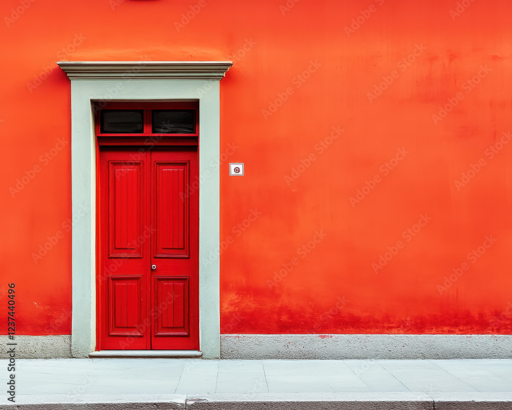 Vibrant Red Door on Textured Orange Wall - Urban Architectural Photograph for Designs Vibrant Red Door on Textured Orange Wall - Urban Architectural Photograph for Designs