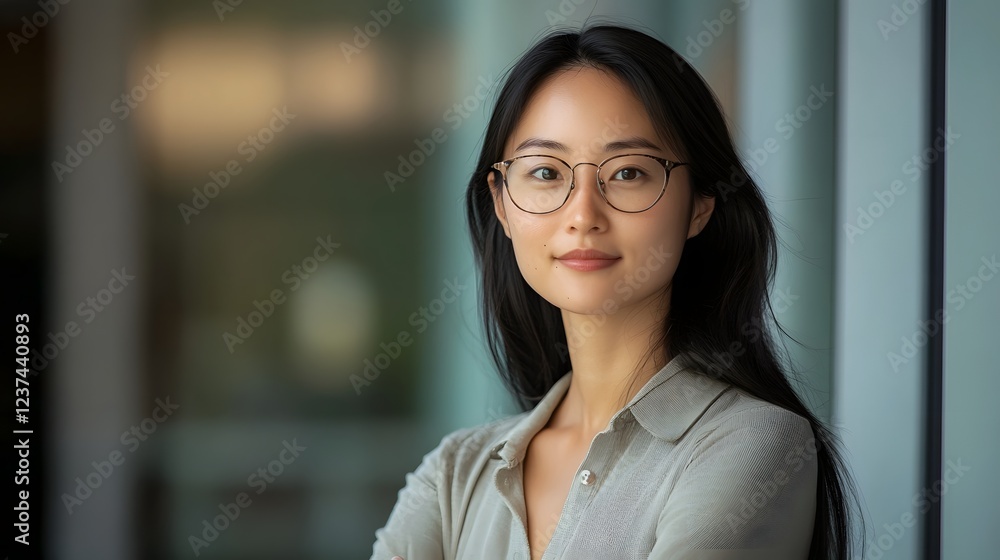 Fototapeta premium Portrait of a confident and focused Asian woman scientist conducting research in a laboratory setting using a microscope and computer to analyze data and findings She exhibits an intellectual