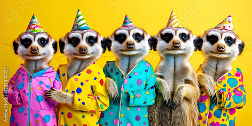 Meerkats Wearing Party Hats and Colorful Pajamas on Yellow Background