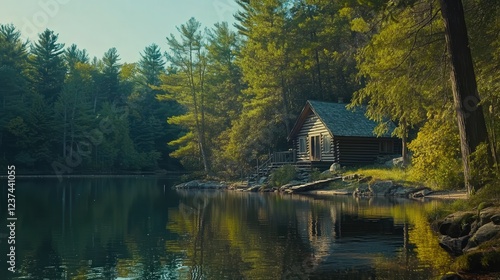 Wallpaper Mural retreat featuring a small wooden cabin nestled among trees, with the shore edge and pristine water rendered in stunning 4K Torontodigital.ca