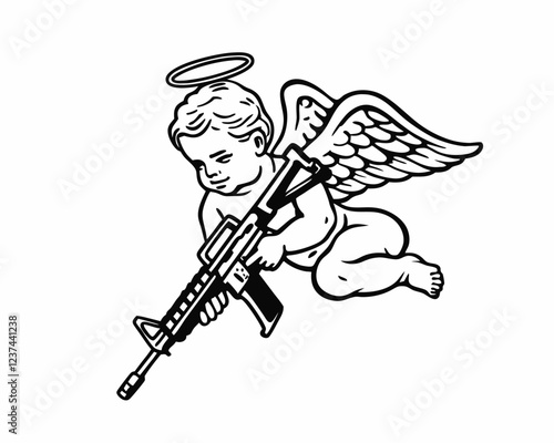 Controversial Angel with Gun, Powerful Black and White Artwork of a Cherub with Halo Holding a Rifle, Symbolic Angelic Figure with Military Weapon, Unique Depiction of Innocence and Strength