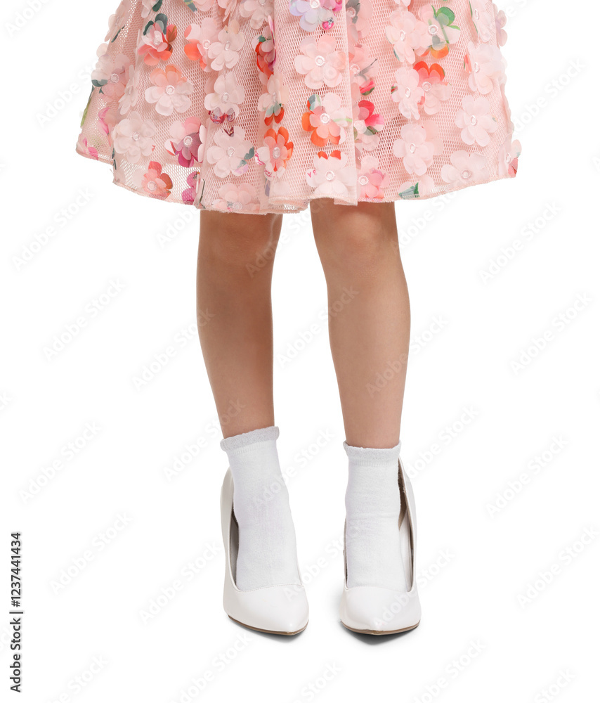 Little girl wearing oversized high heeled shoes on white background, closeup Little girl wearing oversized high heeled shoes on white background, closeup