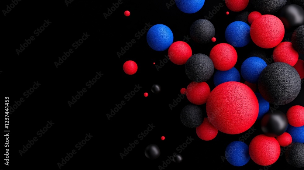 Floating Spheres: A mesmerizing display of vibrant red, deep black, and electric blue spheres, suspended in a dynamic dance against a dark backdrop.
