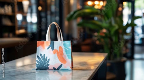 Wallpaper Mural Stylish reusable tote bag on marble counter, cafe background, showcasing sustainable shopping Torontodigital.ca