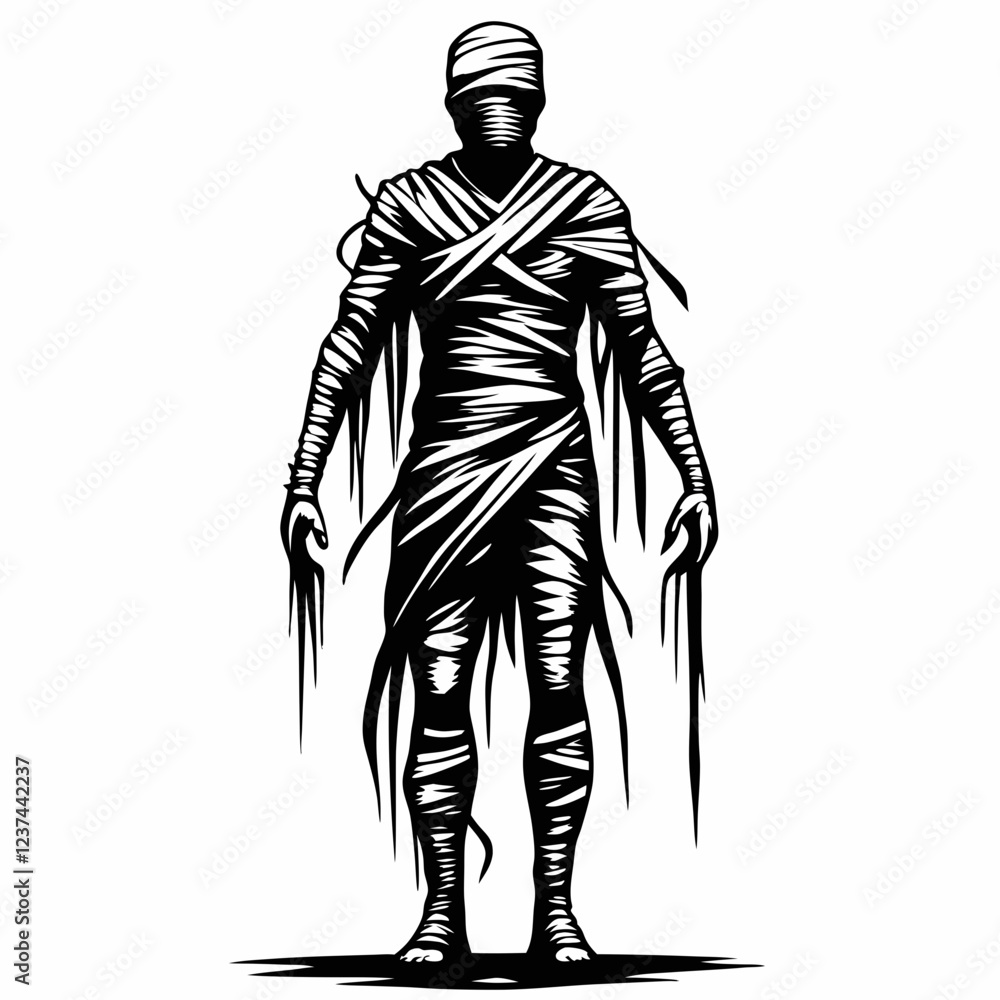 Dark Mummy Wrapped in Bandages, Eerie Black and White Illustration of a Classic Mummy, Ancient Mummy Figure with Torn Bandages, Mysterious Mummy in Tattered Wrappings