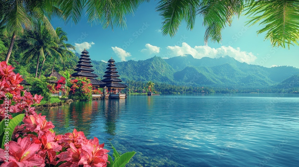 Tropical Temple Lake Sunrise, Bali, Calm Waters