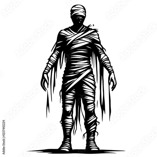 Dark Mummy Wrapped in Bandages, Eerie Black and White Illustration of a Classic Mummy, Ancient Mummy Figure with Torn Bandages, Mysterious Mummy in Tattered Wrappings