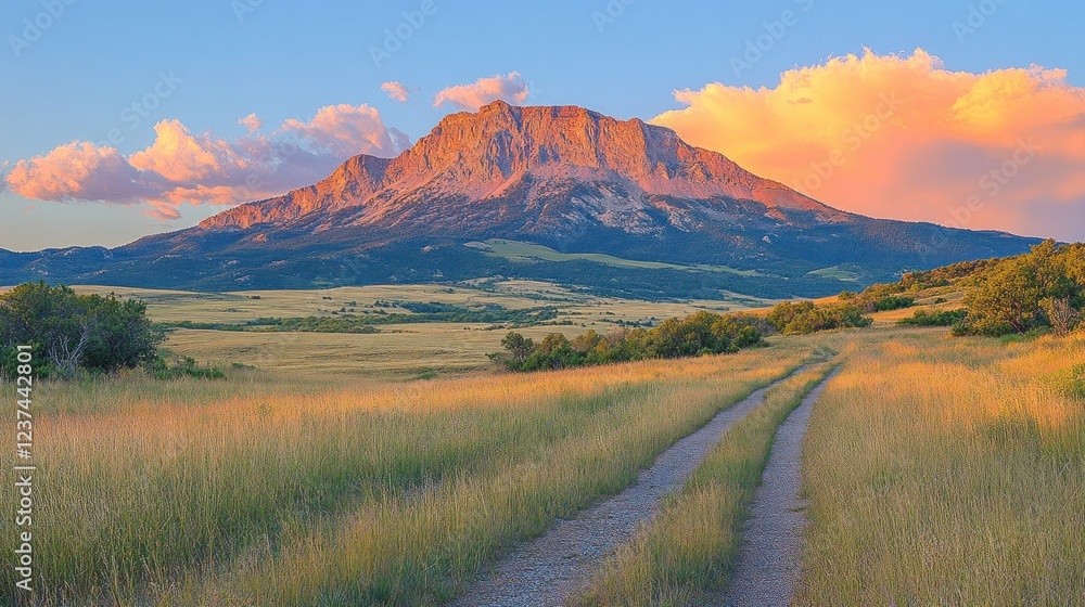 Sunset over mountain range, dirt road leads to peak. Landscapes Sunset over mountain range, dirt road leads to peak. Landscapes