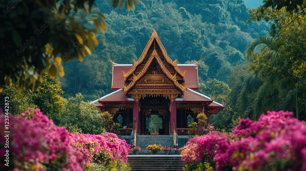 beautiful Thai temple surrounded by lush blooming flowers, the traditional architectural design standing proudly amidst nature's vibrant display